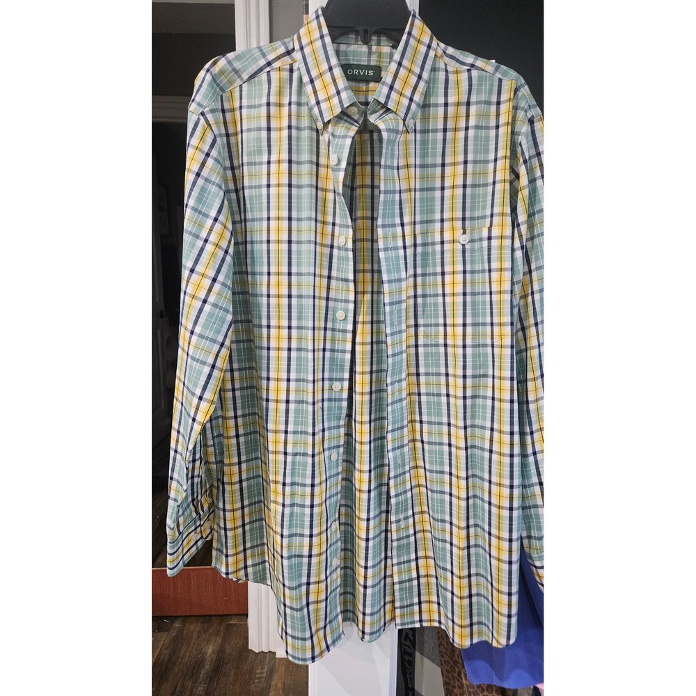 Gorpcore Orvis Mens Long Sleeve Plaid Button Down Shirt Green /Yellow Navy Ck  M